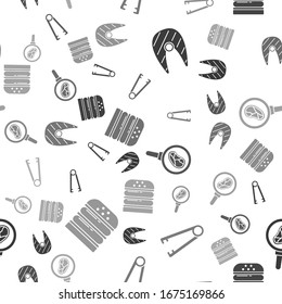 Set Fish steak, Meat tongs, Steak meat in frying pan and Burger on seamless pattern. Vector