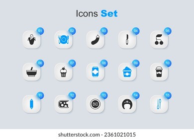 Set Fish steak, Muffin, Plate, fork and knife, Rolling pin, Food chopsticks, Coffee cup to go, Corn and Soda can icon. Vector