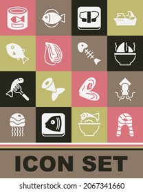 Set Fish steak, Octopus, Shark fin soup, Sushi on cutting board, Mussel, Tropical fish, Canned and skeleton icon. Vector