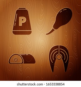 Set Fish steak, Pepper, Meat and Chicken leg on wooden background. Vector