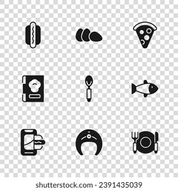 Set Fish steak, Plate, fork and knife, Spoon, Slice of pizza, Hotdog, Chicken egg and Cookbook icon. Vector