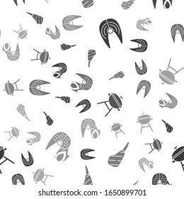 Set Fish steak, Rib eye steak, Barbecue grill and Grilled fish steak and fire flame on seamless pattern. Vector