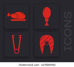 Set Fisch Steak, Roasted Truthahn oder Huhn, Hühnerbein und Fleischzange Symbol. Vektorillustration