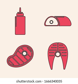 Set Fish steak, Sauce bottle, Meat and Steak meat icon. Vector