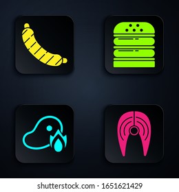 Set Fish steak, Sausage, Grilled steak meat and fire flame and Burger. Black square button. Vector