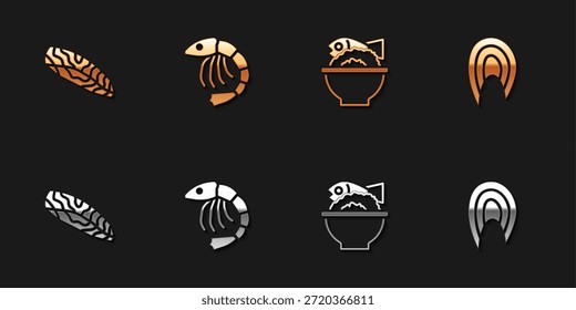 Fije el filete de pescado, camarones, pescado servido en el tazón y el icono. Vector