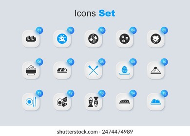 Set Fish steak, with sliced pieces, Kung Pao chicken, Food chopsticks plate, Sushi, Rice in bowl,  and  icon. Vector