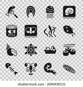 Set Fish steak, Sushi, Tropical fish, Jellyfish, on cutting board, Canned, Served plate and Seaweed icon. Vector