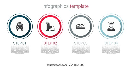 Set Bife de peixe, bota quente de inverno, casa de madeira norueguesa e cabeça Viking. Modelo de infográfico comercial. Vetor
