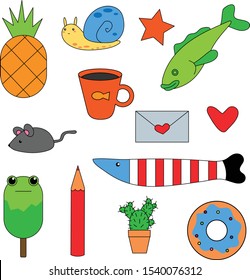 Set of fish, sweet, cup, mouse, heart, star, objects, cactus, envelope, pencil, snail, pineapple. Vector. Design can be used for textiles, clothing, cards, decoupage, scrapbooking and website design.