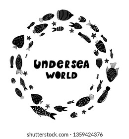 Conjunto de peces nadando en un círculo. Estilo Doodle. Ilustración vectorial. 