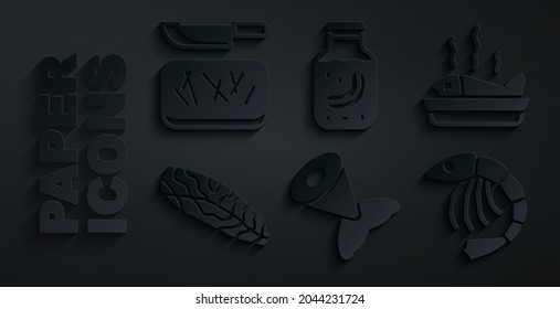 Set Fish tail, Served fish on plate, steak, Shrimp, Sea cucumber in jar and Cutting board and knife icon. Vector