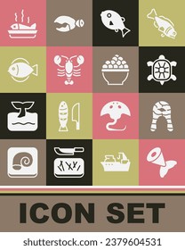 Set Fish tail, steak, Turtle, Tropical fish, Lobster, Served on plate and Caviar icon. Vector