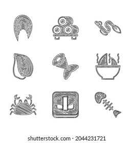 Set Fish tail, Sushi on cutting board, skeleton, Shark fin soup, Crab, Mussel, Eel fish and steak icon. Vector