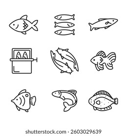 Set of fish themed editable line art icons