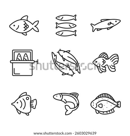 Set of fish themed editable line art icons