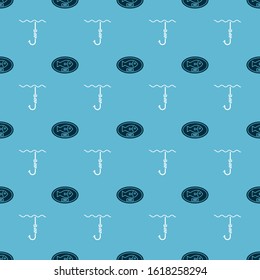 Set Fish trophy hanging on the board and Fishing hook under water on seamless pattern. Vector