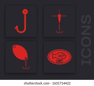 Set Fish trophy hanging on the board, Fishing hook, Fishing hook and float and Fishing spoon icon. Vector