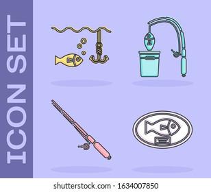Set Fish trophy hanging on the board, Fishing hook under water with fish, Fishing rod and Fishing rod and fish icon. Vector