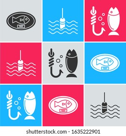Set Fish trophy hanging on the board, Fishing float in water and Fishing icon. Vector