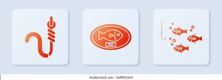Set Fish trophy hanging on the board, Fishing hook and worm and Fishing hook under water with fish. White square button. Vector