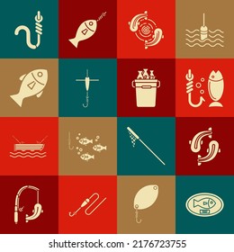 Set Fish trophy hanging on the board, Fishing, hook and float, worm and bucket with fishes icon. Vector