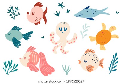 Set with fish. Various types of fish, turtle, octopus. Marine animals and aquatic plants. Maritime concept. Underwater creature collection. Sea creatures. Funny cartoon character. Vector illustration.