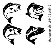 Set of fish vector illustration for fishing logo. Fishing logo collection. Fish silhouette. Fish icon for logo, stamp, emblem, badge.