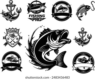 Conjunto de Ilustración vectorial de pescado para logo de pesca en estilo Linocut. Colección de logotipo de pesca. Silueta de pez. Icono de pez para logotipo, sello, emblema, insignia