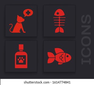 Set Fish, Veterinary clinic symbol, Fish skeleton and Dog medicine bottle icon. Vector