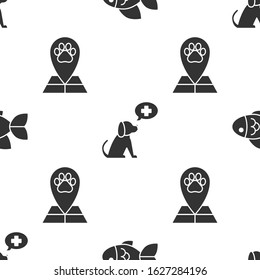 Set Fish, Veterinary clinic symbol and Map pointer with veterinary medicine hospital on seamless pattern. Vector