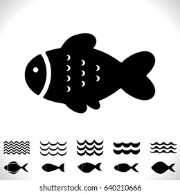 Set of Fish and Waves Vector Icon Isolated. Black Seafood Logo Collection. Simple Aquatic Animal Silhouette. Fishing Symbol or Black and White Pictogram