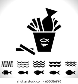 Set of Fish and Waves Vector Icon Isolated. Black Seafood Logo Collection. Simple Aquatic Animal Silhouette. Fishing Symbol or Black and White Pictogram