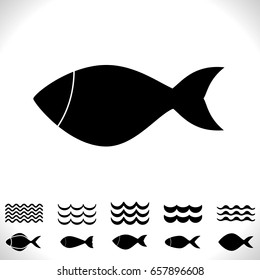 Set of Fish and Waves Vector Icon Isolated. Black Seafood Logo Collection. Simple Aquatic Animal Silhouette. Fishing Symbol or Black and White Pictogram