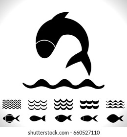 Set of Fish and Waves Vector Icon Isolated. Black Seafood Logo Collection. Simple Aquatic Animal Silhouette. Fishing Symbol or Black and White Pictogram