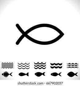 Set of Fish and Waves Vector Icon Isolated. Black Seafood Logo Collection. Simple Aquatic Animal Silhouette. Fishing Symbol or Black and White Pictogram