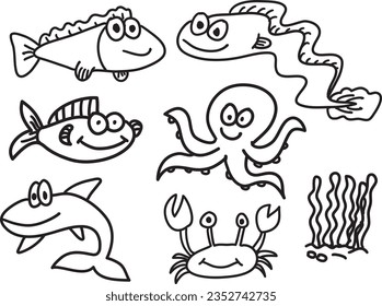 set of fish and wild marine animals with hand draw childish style cartoon vector illustration