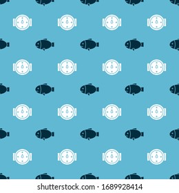 Set Fish and Wind rose on seamless pattern. Vector