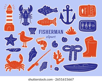 Set of fisherman aesthetic whimsical doodle illustraions. Contemporary art marine design. Lighthouse, fish, lobster, shells, anchor, boat elements in abstract hand drawn style. Vector graphic