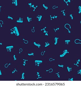 Set Fisherman in boat, Fishing hook, Hand ice drill and Inflatable with motor on seamless pattern. Vector