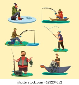 Set Of Fisherman Catches Fish Sitting On Boat And Off Shore,fisher Threw Fishing Rod Into Water, Happy Fishman Holds Catch And Spin, Man Pulls Net Out Of The River On Ice Icon Vector Illustration