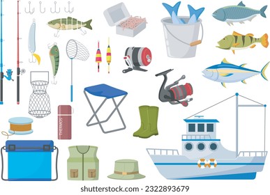 Set of fisherman elements on white background