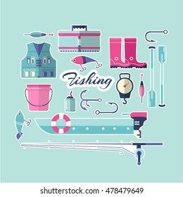 Set fisherman equipment fishing. Layered file. Vector illustration.