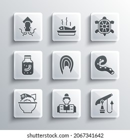 Set Fisherman, Fishing harpoon, Octopus of tentacle, steak, Served fish bowl, Sea cucumber jar,  and Turtle icon. Vector