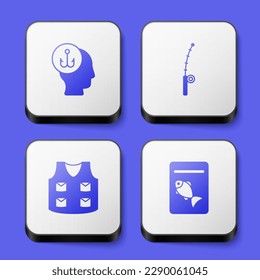 Set Fisherman, Fishing rod, jacket and Served fish on plate icon. White square button. Vector