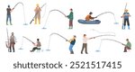 Set of Fisherman. Happy people with fishing rods and bait catching fish on boat or standing on lake shore. Hobbies and Outdoor Activities. Flat vector illustration collection isolated on background