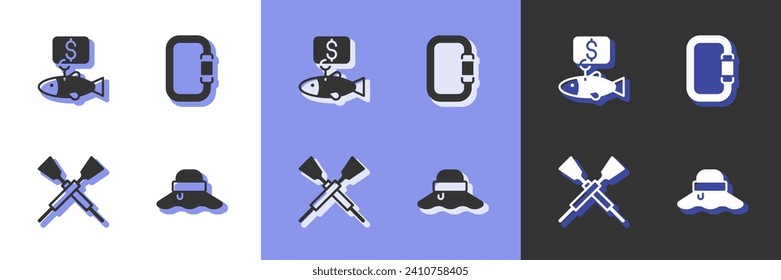 Set Fisherman hat, Price tag for fish, Crossed oars paddles boat and Carabiner icon. Vector