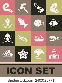 Set Fisherman, Lobster or crab claw, Soy sauce bottle, Shark, Octopus, of tentacle and hedgehog icon. Vector