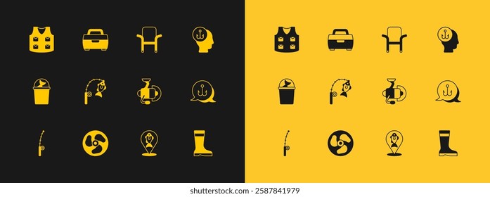 Set Fisherman, Outboard boat motor, Spinning reel for fishing, Location, Fishing rod and, Camping folding chair, jacket and Case box equipment icon. Vector