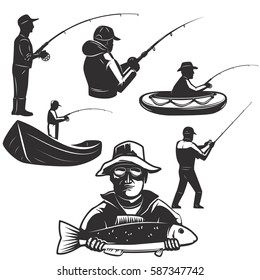 Conjunto de siluetas de pescador. Iconos de pesca. Elemento de diseño para logotipo, etiqueta, emblema, signo. Ilustración vectorial.